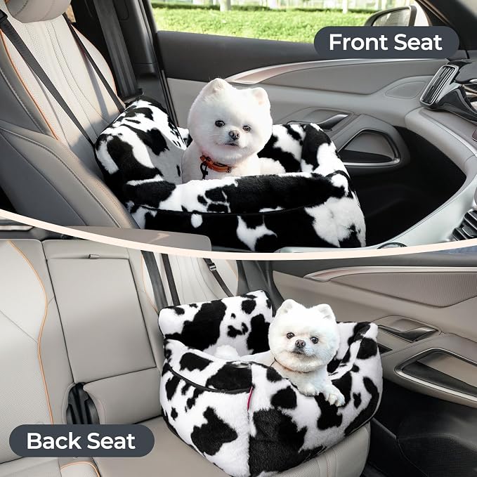 BurgeonNest Dog Car Seat for Small Dogs, Detachable and Washable Cat Carseats Under 25 lbs, Soft Pet Booster Seats with Storage Pockets and Clip-On Leash Portable Car Travel Carrier Bed, Milk Cow