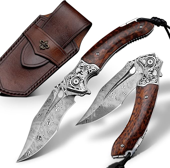 Japanese VG 10 Damascus Steel Folding Knife, Outdoor Wilderness Survival Pocket Knife, Snake Wood Handle Lined Lock, Leather Sheath, EDC Pocket Knife