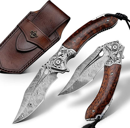 Japanese VG 10 Damascus Steel Folding Knife, Outdoor Wilderness Survival Pocket Knife, Snake Wood Handle Lined Lock, Leather Sheath, EDC Pocket Knife