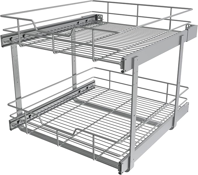 2 Tier Pull Out Cabinet Organizer 20" W X 22" D, Slide Out Drawers For Kitchen Cabinets, Pull Out Drawers For Cabinets Capacity Heavy Duty Caddy, Cabinet Pullout Shelves Chrome-Plated,Bathroom Pantry