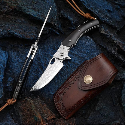 3.5 inch Japanese VG10 Damascus Steel Outdoor Folding Knife with Black Wood Handle, Lined Lock, EDC & Camping Use