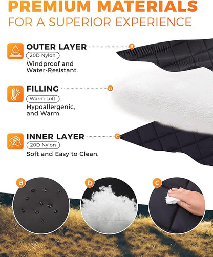 KingCamp Ultralight Camping Blanket, Packable Down Alternative Puffy Wearable Blankets Weatherproof Warm Package Quilt with Snap Buttons for Outdoor Hiking Travel Picnic Stadium (69"L x 53"W, Black)