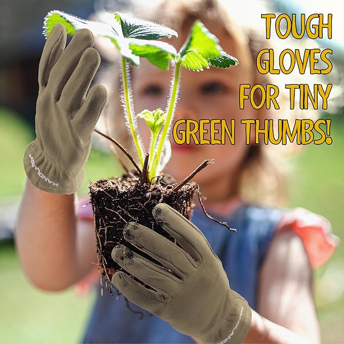 HANDLANDY Kids Genuine Leather Work Gloves for ages 3-11, Children Gardening Gloves for Boys, Girls (Large (age8-11), 2 pairs)