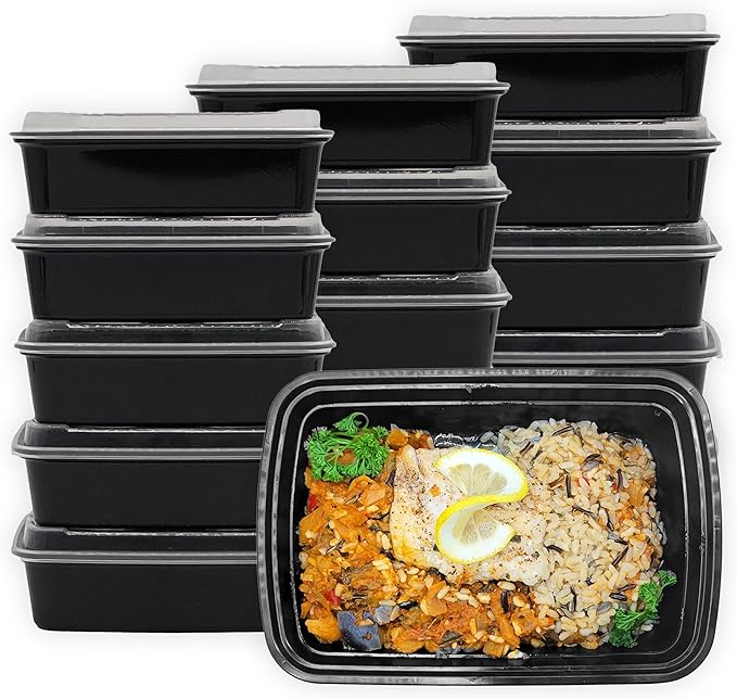 MULMEHË Plastic Food Storage Take-Out Container and Lid Combo, 24 oz, Microwaveable, Rectangular, Black, 7x5x2”, Set of 150