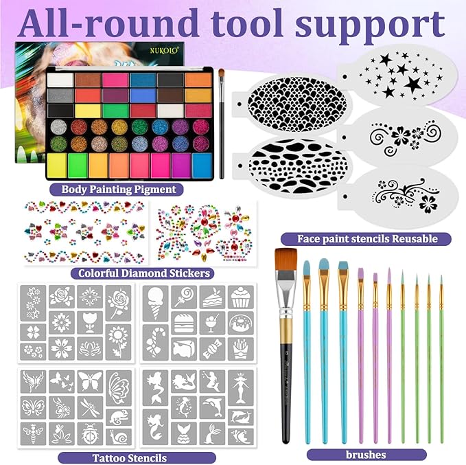 42 Colors Kids Face Painting Kit,Non Toxic Water Activated Face Paint Palette with 5 Reusable & 45 Sticky Stencils,11 Brushes,2 Gems.Ideal for Mardi Gras,Halloween,Christmas,makeup,Parties,Makeup etc.