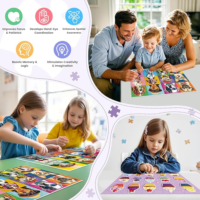 3-Pack 100 Piece Puzzles for Kids,Dogs Cats Cupcakes Puzzle for Kids Age 4-6 6-8 8-10,Unique Large Piece Animals Jigsaw Puzzle,Recycled Paper,Bright & Colorful Educational Puzzle Game,Boys Girls Gift