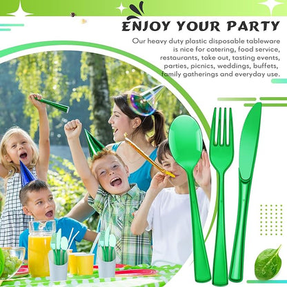 Minatee 150 Pieces Disposable Cutlery Set Plastic Silverware Heavy Duty Utensil Sets 50 Forks 50 Knives 50 Spoons for Home Office School Party Picnics Restaurant Outdoor Events(Green)