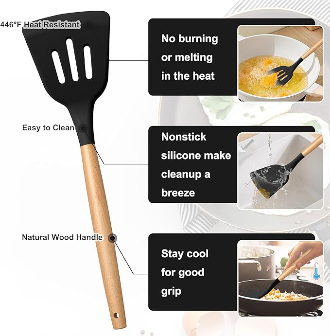E-far Silicone Cooking Utensils Set, 5-Piece Black Kitchen Utensils Set