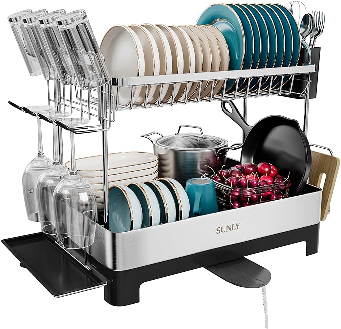 SUNLY 2 Tier Dish Drying Rack, Extra Large Dish Rack, 304 Stainless Steel