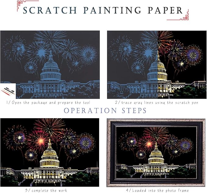 Scratch Art for Adults and Kids-City Landmarks Scratch Painting Craft Kit (8 Sheets A4)|DIY Foil Engraving Art Set|Stress Relief Gift for Travel Lovers, Craft Lovers, Home Decor (Firework&Sakura)