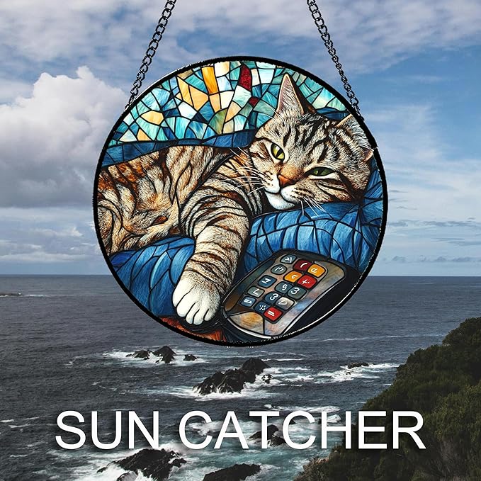 DASTOLL Stained Glass Window Hanging Gray Cat and Remote Control Large 15"