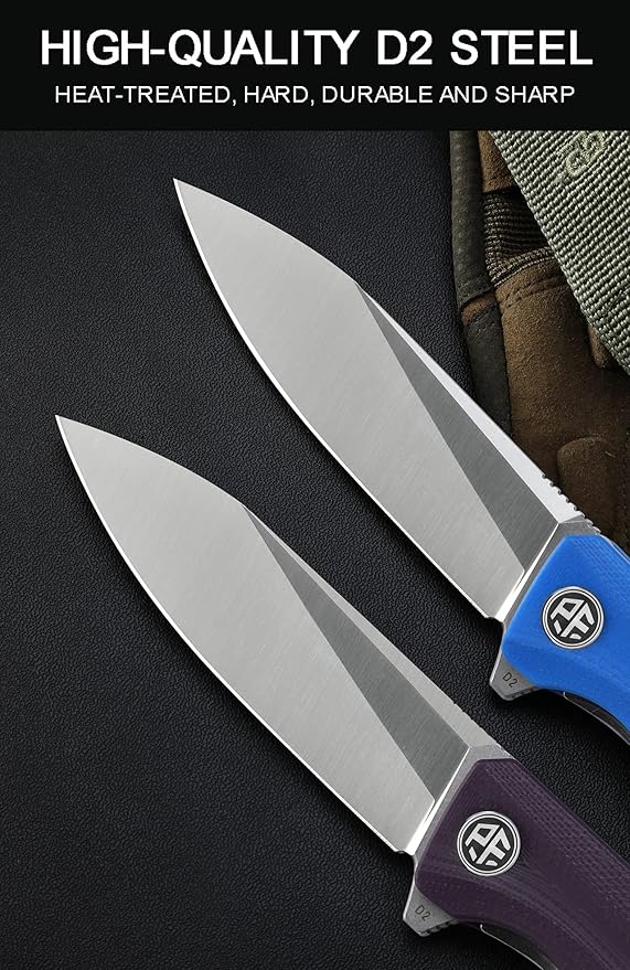 Petrified fish G10 handle D2 steel blade 2CR13 liner ball bearing flipper folding knife camping hunting EDC pocket tool PF818 (Purple, Satin)