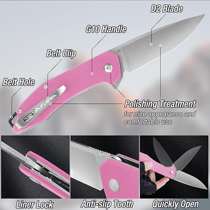 FLISSA Pocket Knife, Folding Tactical Knife with G10 Handle, D2 Blade, Liner Lock, Pocket Clip, EDC Knife for Hiking, Camping, Survival, Indoor and Outdoor Activities(Pink)
