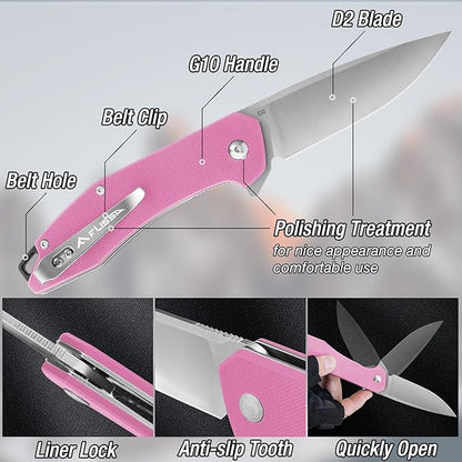 FLISSA Pocket Knife, Folding Tactical Knife with G10 Handle, D2 Blade, Liner Lock, Pocket Clip, EDC Knife for Hiking, Camping, Survival, Indoor and Outdoor Activities(Pink)
