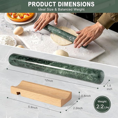 Marble French Rolling Pin for Baking, 12 Inch Non Stick Polished Rolling Pin