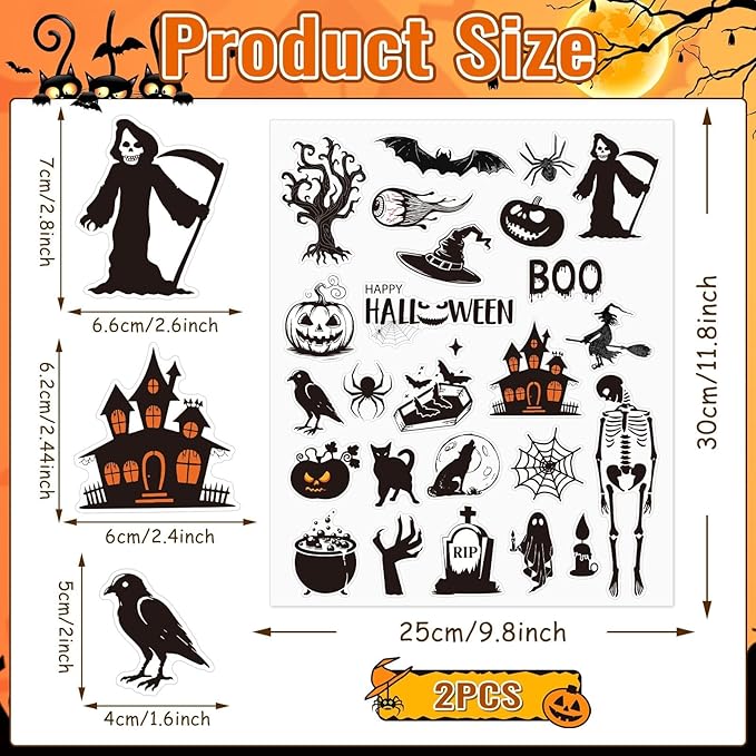 MARFOREVER 50 PCS Window Gel Clings Stickers Removable Reusable Thick Gel Clings Decals Stickers for Classroom Nursery Home Party Supplies Glass Decorations (Spooky Halloween)