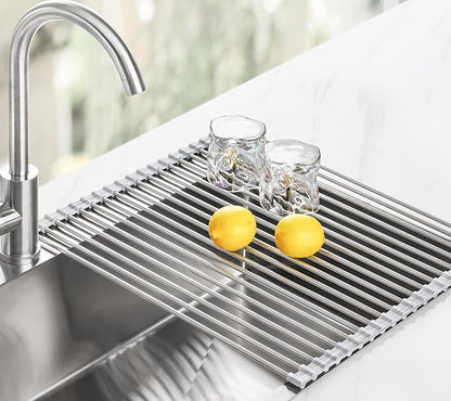 Tomorotec Stainless Steel Roll-Up Dish Drying Rack Marble Color Silicone Edges