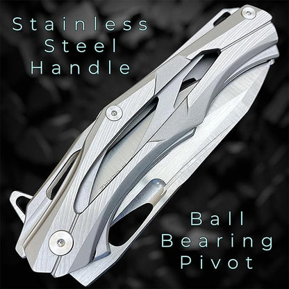 TACTICAL GEARZ Stainless Steel Pocket Knife, Brushed Nickel Stainless Steel Handle, D2 Steel Blade, Includes Sheath (Kronus)