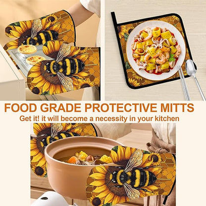 Sunflower Bee Oven Mitts and Heat Resistant Pads