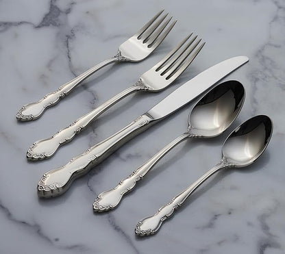 Oneida Silverware Set For 8, Dover 45-Piece Fine Flatware Set with Serving Utensils, Service For 8, 18/10 Stainless Steel, Ornate Pattern, Dishwasher Safe, Knives Spoons & Forks Set (Silver 45 Pieces)
