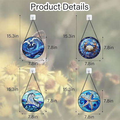 DASTOLL Stained Glass Window Hanging 4 Pcs Set Blue Ocean Waves 7.8"