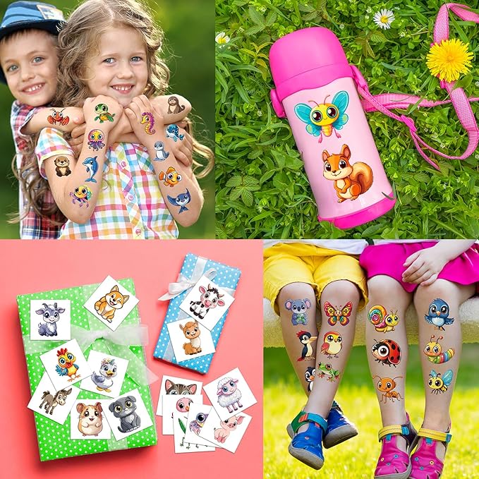 JCFIRE Larger Temporary Tattoos For Kids, 102 Styles Mixed Cute Animals Stickers Birthday Party Favors for Kids 3-5 4-8, Goodie Bag Stuffers Party Supplies Decoration Gifts Activities Games Christmas