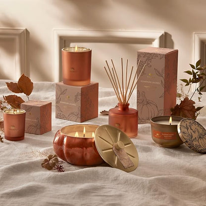 Thymes Scented Candles for Women & Men – Tin with Lid – Luxury Home Decor – Pumpkin Candles with Notes of Nutmeg, Cinnamon, Clove, & Orange Peel – Fall Decor (Pumpkin Laurel, 6.5 oz)