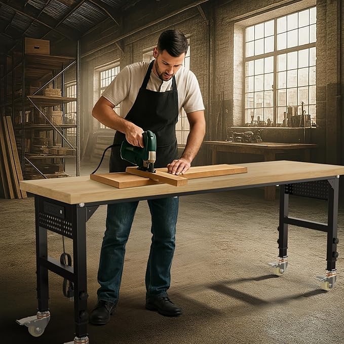 70'' Adjustable Workbench, Solid Wood Work Bench Table with Wheels and Power Outlet & Pegboard, Rolling Workbench Large Load Capacity Garage Workbench for Workshop,Office,Home