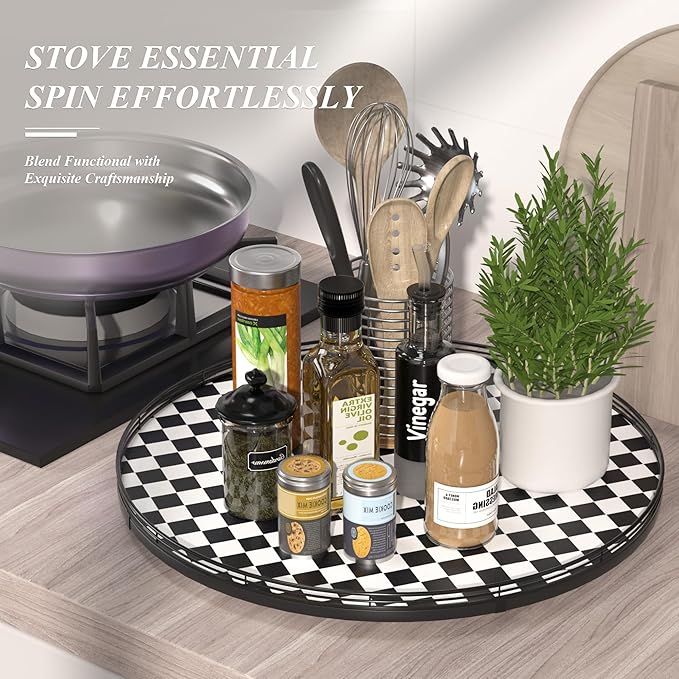 24" Black and White Kitchen Lazy Susan Turntable, Round Checkered Decorative