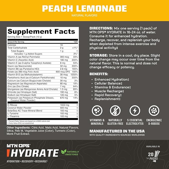 MTN OPS Hydrate Electrolytes Powder Drink Mix, Naturally Sweetened with Monk Fruit, Gluten Free 20 Single Serving On-The-Go Electrolyte Packs, Peach Lemoande