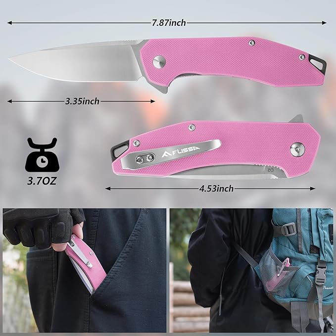 FLISSA Pocket Knife, Folding Tactical Knife with G10 Handle, D2 Blade, Liner Lock, Pocket Clip, EDC Knife for Hiking, Camping, Survival, Indoor and Outdoor Activities(Pink)
