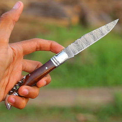 6.5 inch Damascus Pocket Knife with Sheath, Handmade Folding Pocket Knife for Men, Black-Red Wooden Handle with Brass Bolster, Secure Lock Back Camping Knife for EDC,Hunting,Hiking (Legual)