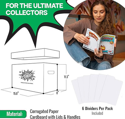Premium Comic Book Storage Box | 22 Boxes with 6 Dividers (Each Box Stores Up to 175 Comics) - Short Stackable Design with Dust Protection Lid | Strong Structure & Acid Free Manufacturing