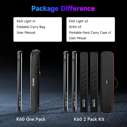 VILTROX K60 2 Pack Large Handheld Stick Light, 32Wh Rechargeable Battery 20W 1950lm RGB LED Video Light w PD Fast Charging CRI 97+ 2500K-8500K LCD Display, 22.8" Tube Light for Photography Light Wand
