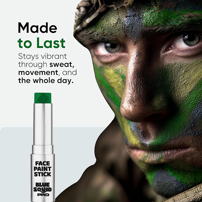 Blue Squid PRO Forest Green Face Paint Stick - Waterproof Body Paint for Adults & Kids Eye Black Baseball, Eyeblack Softball - Hypoallergenic Twist-Up Non-Toxic Makeup Stick for Cosplay, Sports, SFX