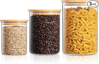 Glass Storage Containers with Wooden Lids, Airtight Jar for Kitchen Countertop Set of 3, Pantry Flour and Sugar Canisters for Candy, Cookie, Rice, Coffee Beans, Snacks, Spices