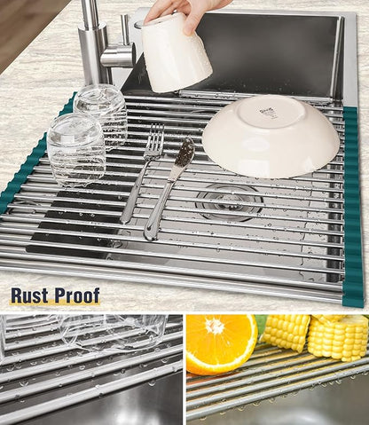 Tomorotec Stainless Steel Roll Up Dish Drying Rack, Foldable Over The Sink