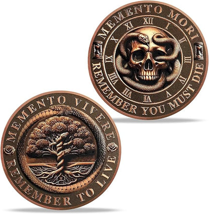 AtSKnSK Memento Mori Coin Momento Mori Coin Skull Coin Stoic Gifts Memento Mori Calendar Living Memento Mori Amor Fati Coin (Snake Tree Skeleton)