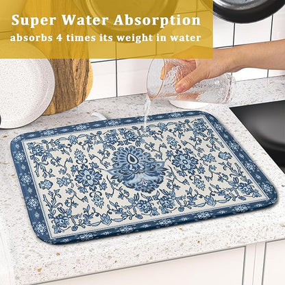 Blue Floral Dish Drying Mat for Kitchen Counter 16x18 Chinoiserie Flower Print