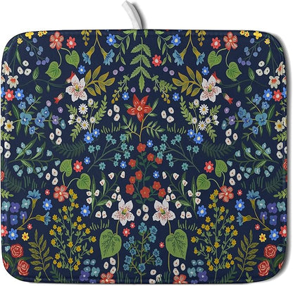 Flower Floral Dish Drying Mat Microfiber Navy Blue Absorbent Drying Pad