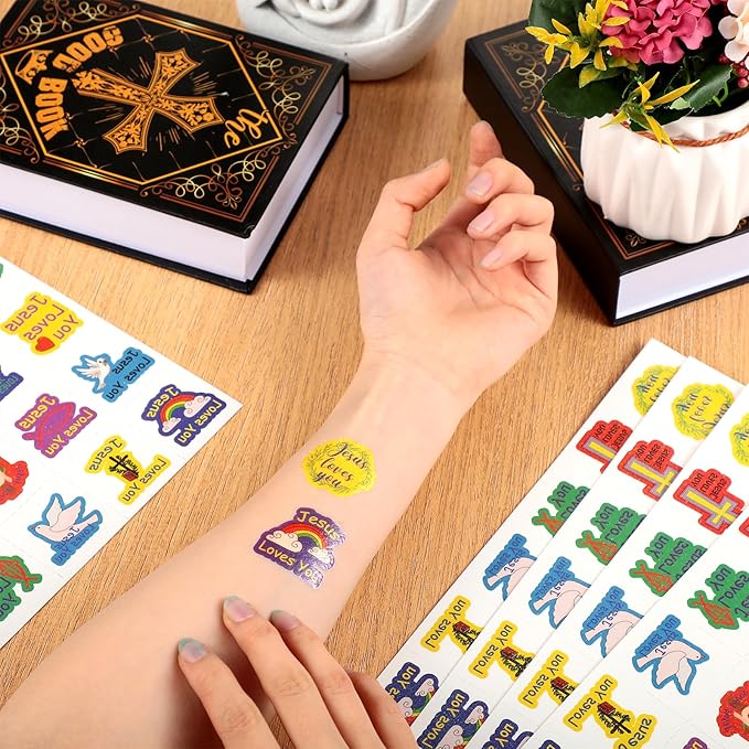 Landhoow 240 Pcs Jesus Loves You Tattoos Temporary for Kids Glitter Face Tattoos Cool Body Sticker Costume Accessory for Adults Boys Girls Party Favor