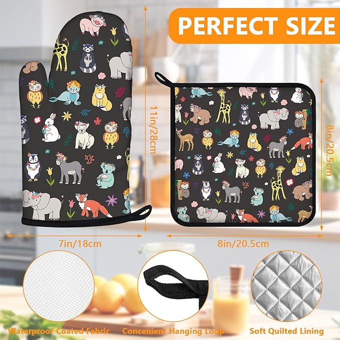 Cute Animals Oven Mitts and Pot Holders Sets 4Pcs, Extra Long Oven Gloves
