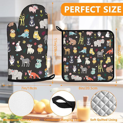 Cute Animals Oven Mitts and Pot Holders Sets 4Pcs, Extra Long Oven Gloves