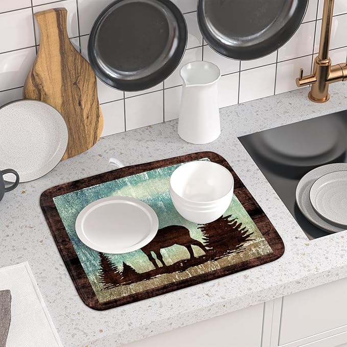 Giwawa Retro Deer Forest Cabin Silhouette Dish Drying Mat Countertop 16x18 Fall