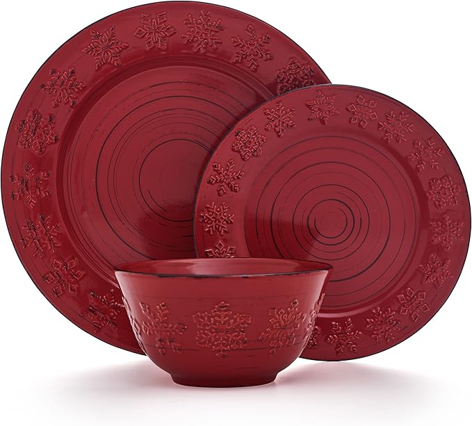 Pfaltzgraff Trellis Snowflakes 12 Piece Dinnerware Set, Service For 4, Red