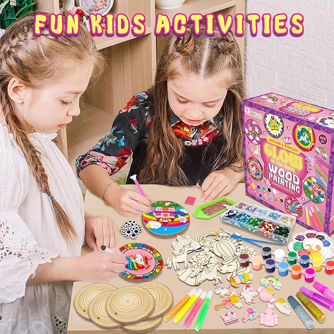 klmars Unicorn Themed Wooden Painting Kit-Glow in The Dark-Arts & Crafts Gifts for Kids Girls Ages 5-12-Wood Slice Craft Activities Kits -Unicorn Art Toys for Kids Christmas Gifts