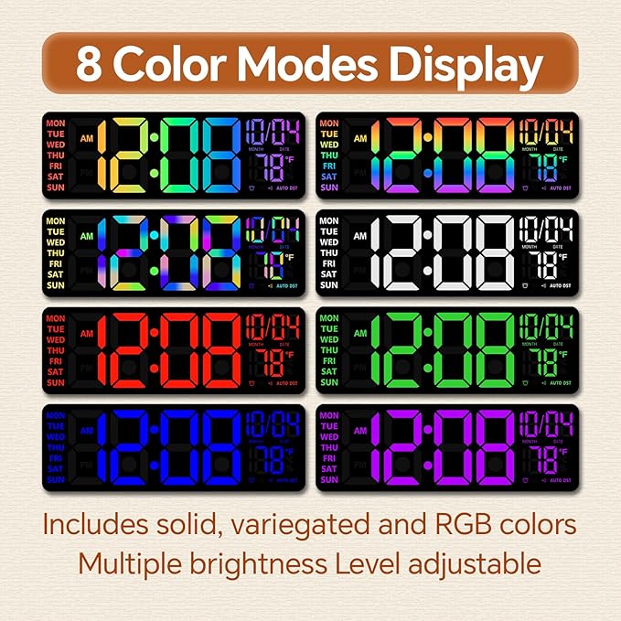 16" Digital Wall Clock with Night Light, Digital Clock with RGB Colors Changing