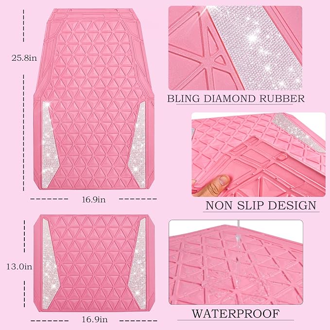 CAR PASS Bling Diamond Car Mats Rubber Floor Mats Full Set Anti-Slip 3D Rhombus Waterproof Trim to Fit Liner Universal Glitter Crystal Sparkly Shining Rhinestone Girl Women SUV Sedan Van, Pink Rubber