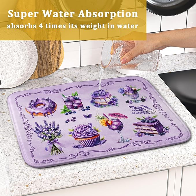 Purple Dish Drying Mats for Kitchen Counter Washable Drying Pad Absorbent