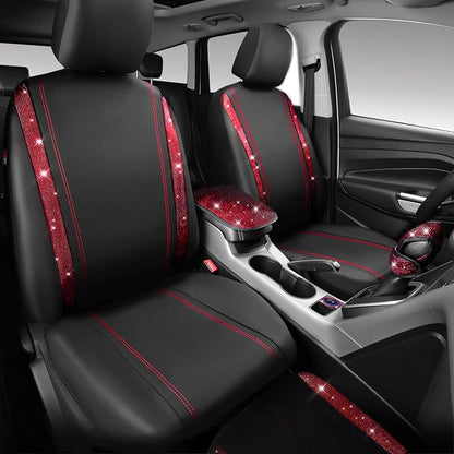 CAR PASS 23 PCS Bling Diamond Car Accessories Set for Women, Leather Car Seat Covers Full Set Sparkly Rhinestone15'' Steering Wheel Covers Shining Diamond Car Floor Mats Cute Car Interior Sets, Red